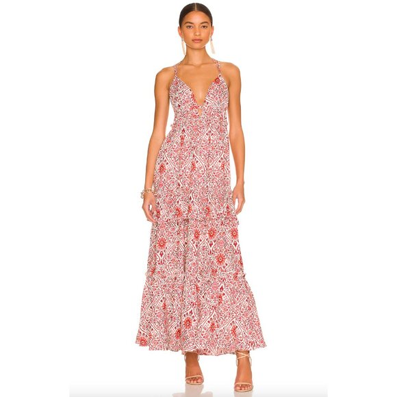 NWT Cami NYC Red Orange White "Doris" Floral Print Tiered Linen Maxi Dress